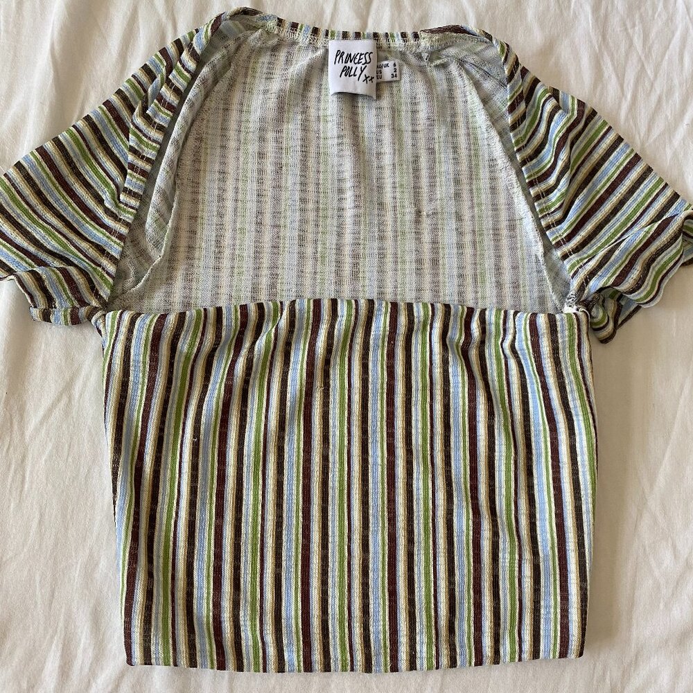 Princess Polly Green, brown,tan stripped square neck top with cropped sleeves